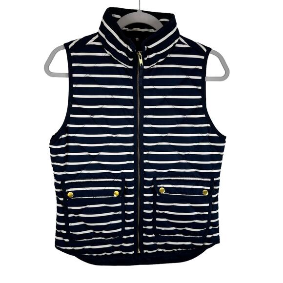 J. Crew Navy Blue White Striped Full Zip Puffer Vest Nautical Pockets Size XS - Picture 1 of 7